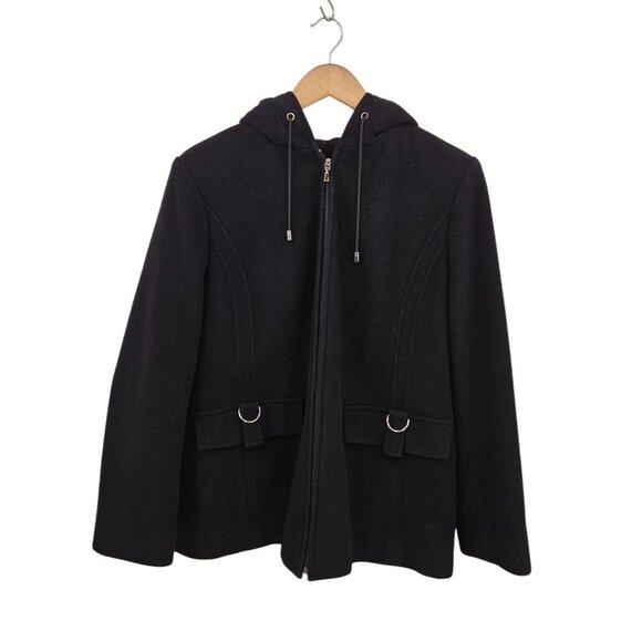 Fleet Street Wool Hooded Jacket Black Plaid Lined Wool Zip Coat Womens Petite PL - Picture 3 of 12